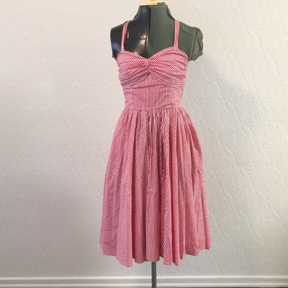 Pink and white stripe “Golightly” swing dress